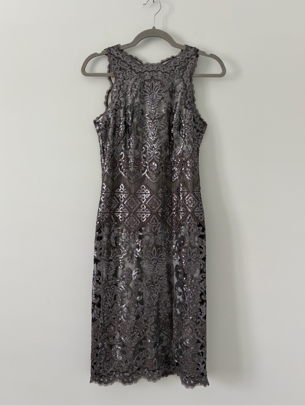 Tadashi Shoji Bera Sequin Lace Sleeveless Embroidered Dress Dark Pearl Grey 2